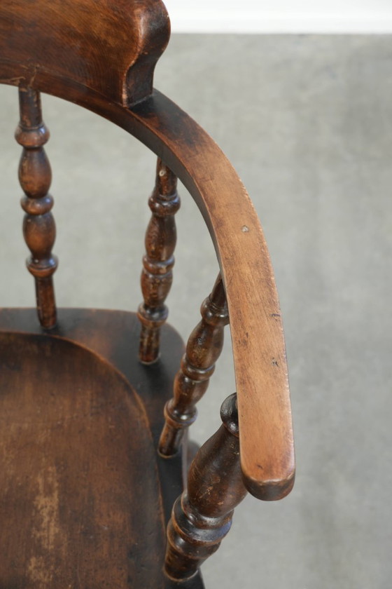 Image 1 of 2x antique English wooden pub/captain chairs from the late 19th century with character and a beautiful color scheme