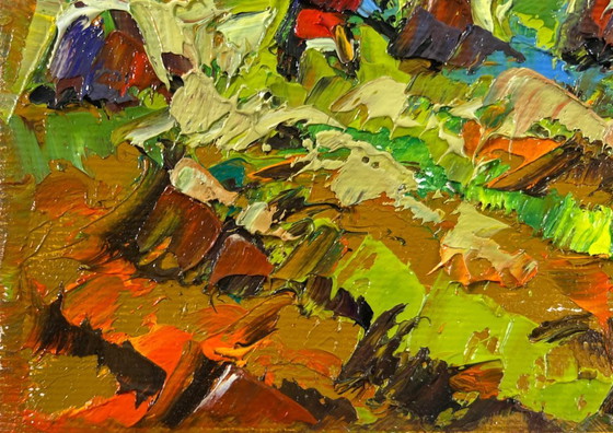 Image 1 of Original Oil Painting Evening Village Landscape Autumn gardens