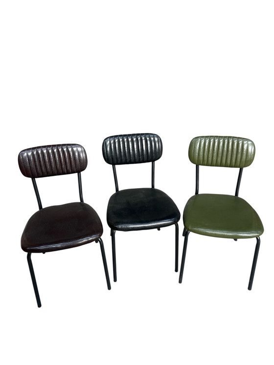 Image 1 of Set van 3 leren en metalen stoelen