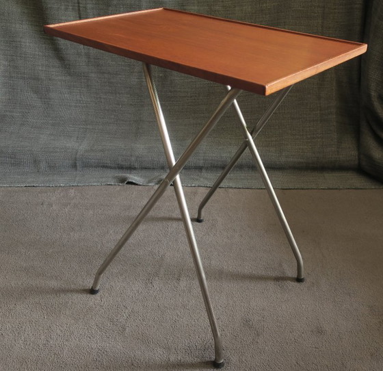 Danish Teak and Aluminium Adjustable Wine or Side Table, 1960s, Wood, Metal, Brown, Scandinavian (photo 11 of 14)