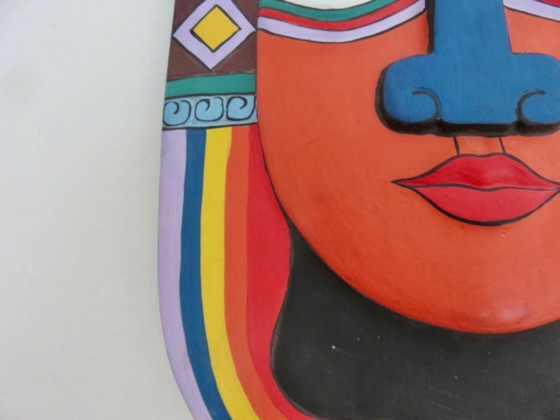 Image 1 of Masque aztèque « Laurel Burch », maya, bois peint à la main, pop art, 1980
