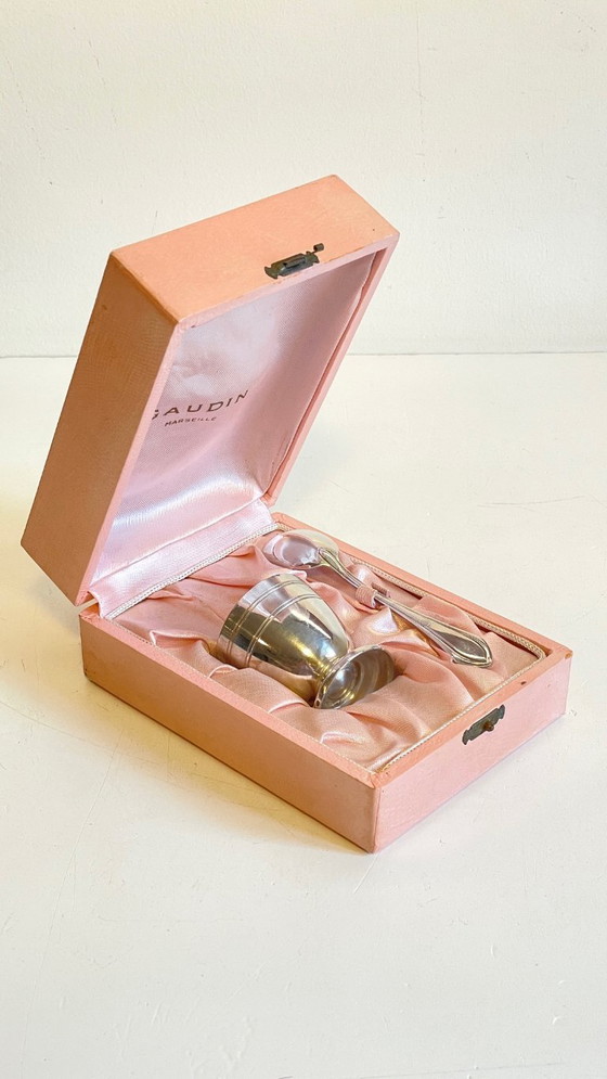 Image 1 of Vintage Silver-Plated Metal Egg Cup and Spoon for Birth
