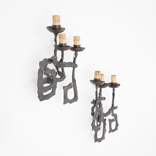 Paar brutalistische Wandlampen aus Schmiedeeisen, 1960er Jahre