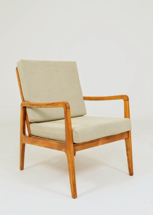 Mid-Century Armchair Vintage Pastel Olive Cordury  Cushion Wooden Lounge Chair, 1980s