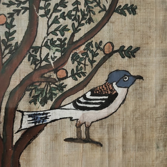 Image 1 of Vintage Hand-Painted Egyptian Papyrus Artwork with Birds – Framed