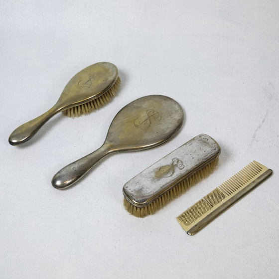 Image 1 of Victoriaanse Sterling dameskaptafelset in antracietkleurige imitatiekrokodillenleer