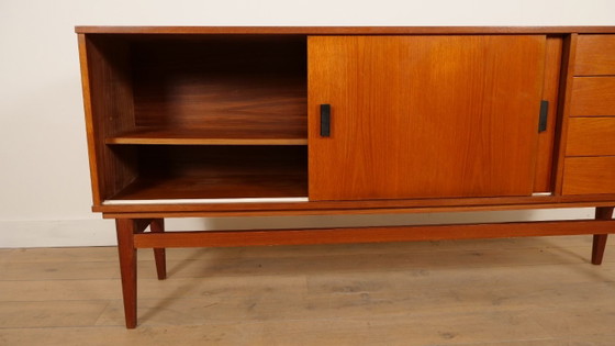 Wooden Sideboard with Sliding Doors and Drawers, Brown, Mid Century Modern (photo 8 of 9)