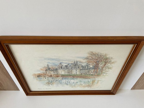 Image 1 of Mixed media, pencil, watercolor, Chambord Castle, art, France, painting, framed