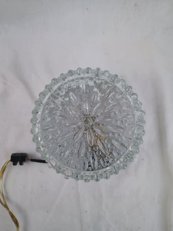 Image 1 of Vintage Glashütte Limburg 1960s Pressed Glass Ceiling Light - Textured Clear Glass Flush Mount Wall Sconce German Mid-Century