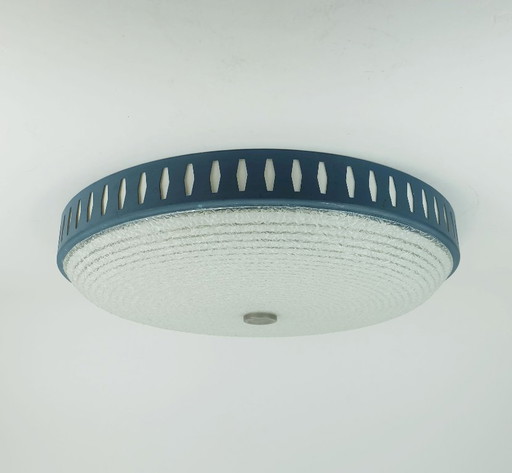 rare large mid century modern CEILING LIGHT by hillebrand 1960s flush mount textured glass blue metal frame
