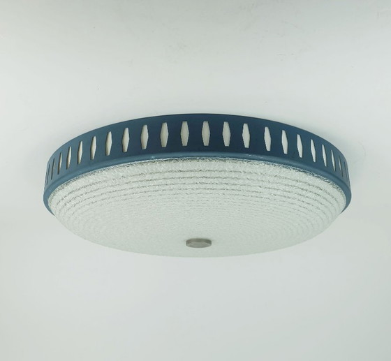 Image 1 of rare large mid century modern CEILING LIGHT by hillebrand 1960s flush mount textured glass blue metal frame