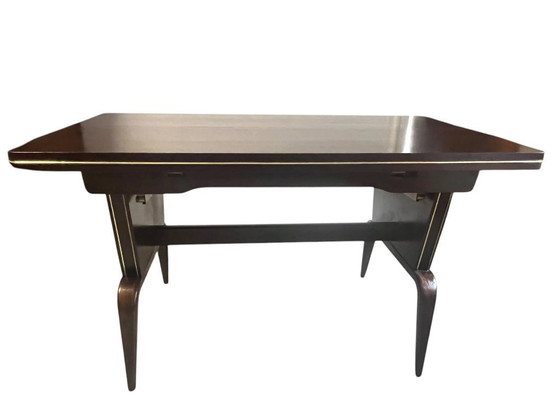 Image 1 of Menzel table/ Spider table, height-adjustable and extendable, made of dark wood with beautiful brass strips, Germany 1960