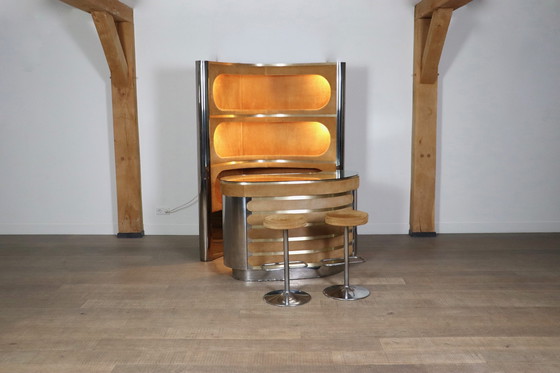 Image 1 of Suede and Chrome Dry Bar with Barstools in Cognac by Willy Rizzo, Italy 1970s