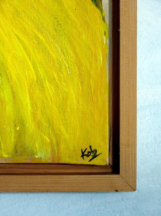 Gemälde Frau mit blauen Haaren und Vögeln, Gemälde & Zeichnungen, Holz, Leinwand, Gelb, Figuratief (Foto 10 von 10)