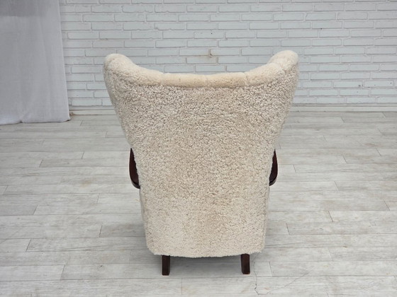 1960s, Danish high-back armchair, genuine sheepskin, reupholstered. – Wood (photo 11 of 22)