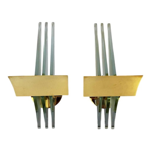 Hollywood Regency Wall Lights in Gilded Brass Bases, 1970, Set of 2