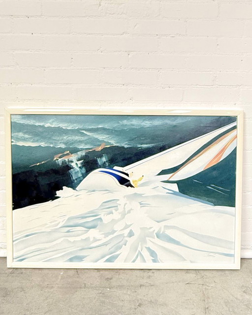 Vintage Scandinavisch modern schilderij – Zeilboot op stormachtige zee (midden 20e eeuw)