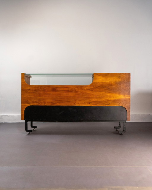 Vintage Store Counter with Glass Display Made of Chestnut, Spain, Circa 1970
