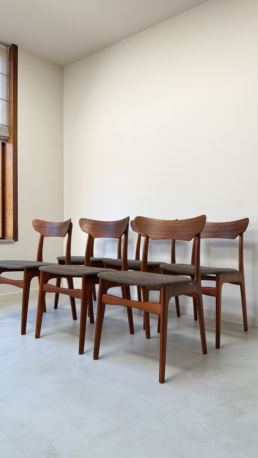 Seis sillas danesas vintage de madera de teca de Schiønning & Elgaard – eetkamerstoelen, Wood, Textile
