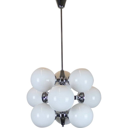 Vintage chandelier with 9 chromed metal globes, Italy 1960
