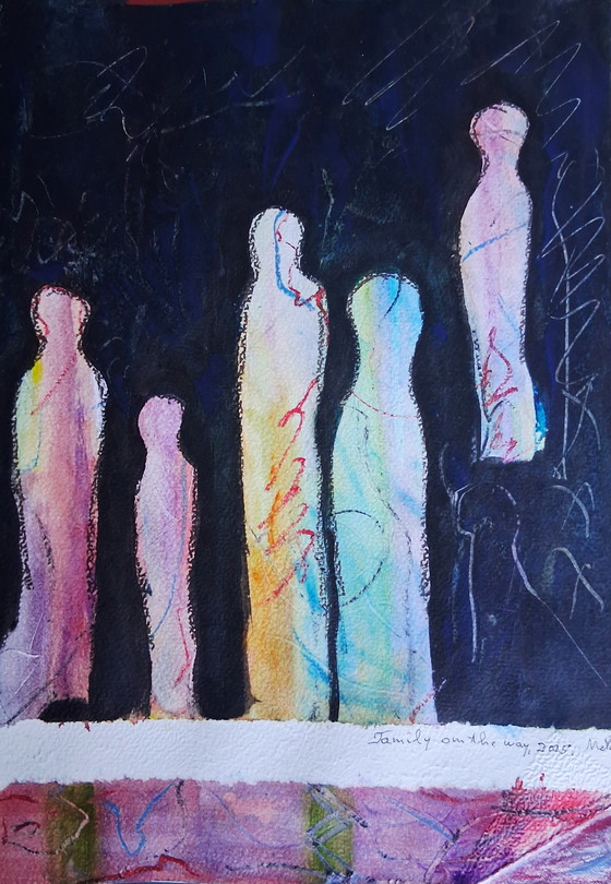 Image 1 of Family on the way,geschildetd in gemengde techniek op 300 gram aquarelpapier