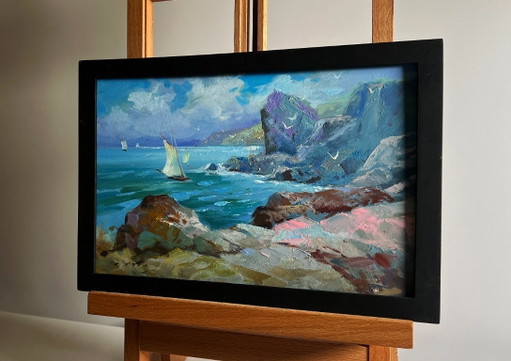 Originales Ölgemälde: Küstenlandschaft mit Möwen und felsigem Ufer im Meer