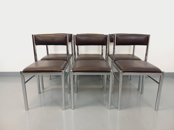 Image 1 of Set di 6 sedie vintage anni '70 in metallo cromato e similpelle marrone