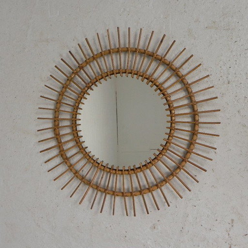 Ronde vintage bamboe spiegel met geslepen glas, jaren 50