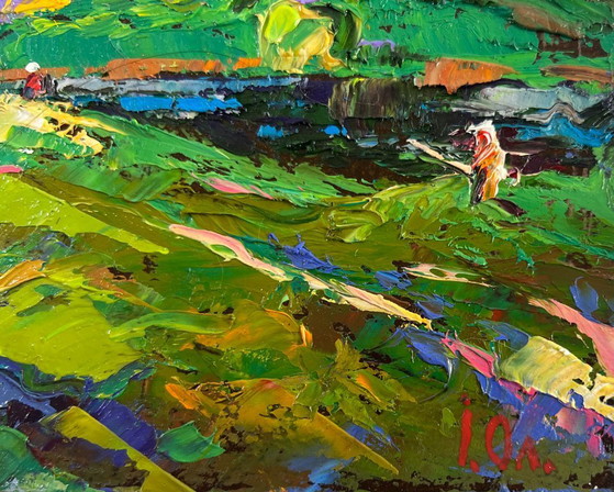 Image 1 of Original Oil Painting Summer Field Landscape Sky through green branches