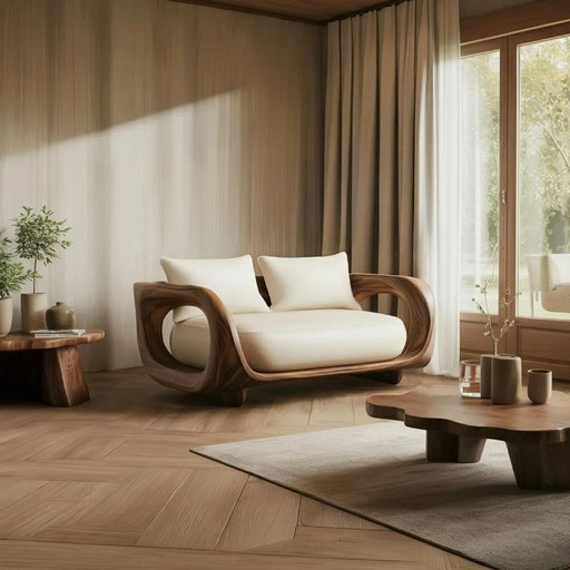 Handcrafted Wood Frame Sofa Mid Century Sofa Handmade Wooden Daybed Organic Design Furniture for Living Room Decor