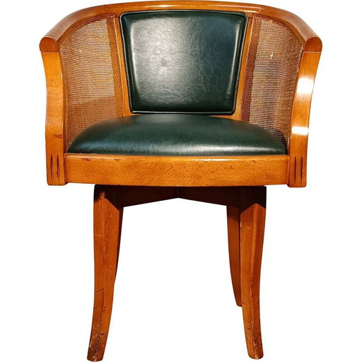 Fauteuil de bureau pivotant vintage en acajou et cuir vert