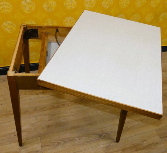 Image 1 of Table de cuisine pratique des années 50 79x59/118 mécanisme pliant-rotatif avec tiroir rétro vintage