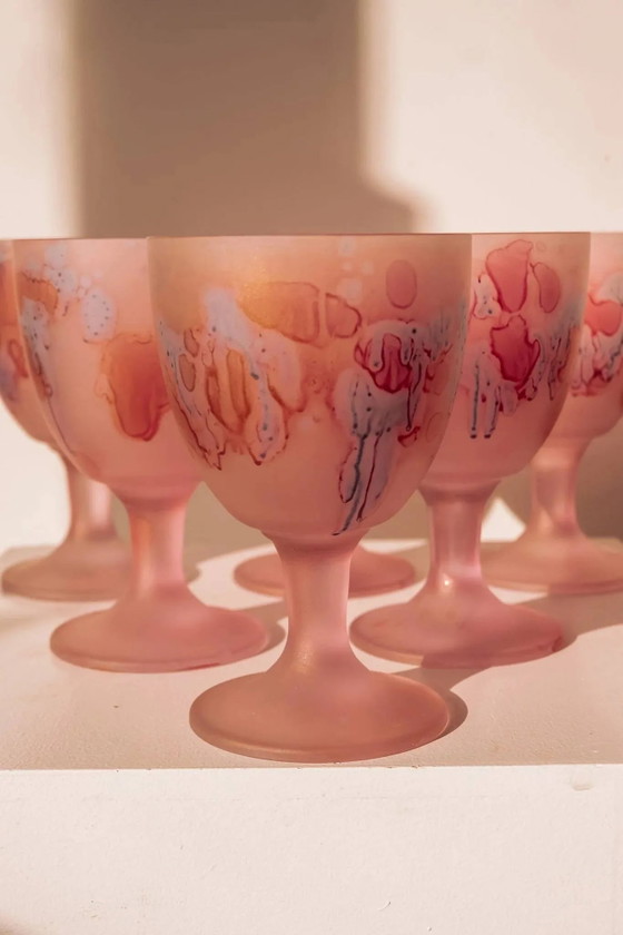 Handbemalte mattrosa Weingläser, 6er-Set – Gläser & Karaffe, Kristall, Glas, Vintage (photo 3 of 9)