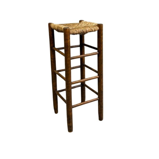 Vintage Wooden Bar Stool Rush Seat Rustic Style 1970s Europe