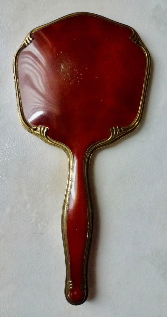 Image 1 of Vintage handspiegel, Facet geslepen, Duitsland, messing met celluloid.