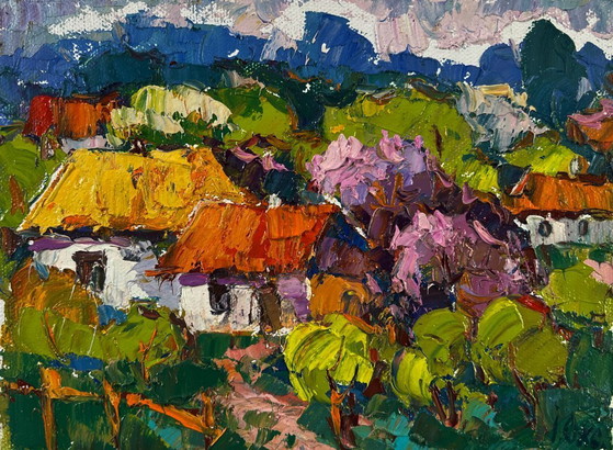 Image 1 of Original Oil Painting Summer Village Landscape Time stops in the green light