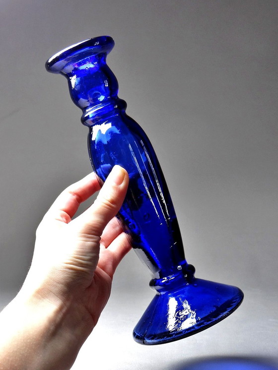 Image 1 of Vintage Cobalt Blue Molded Glass Candleholder