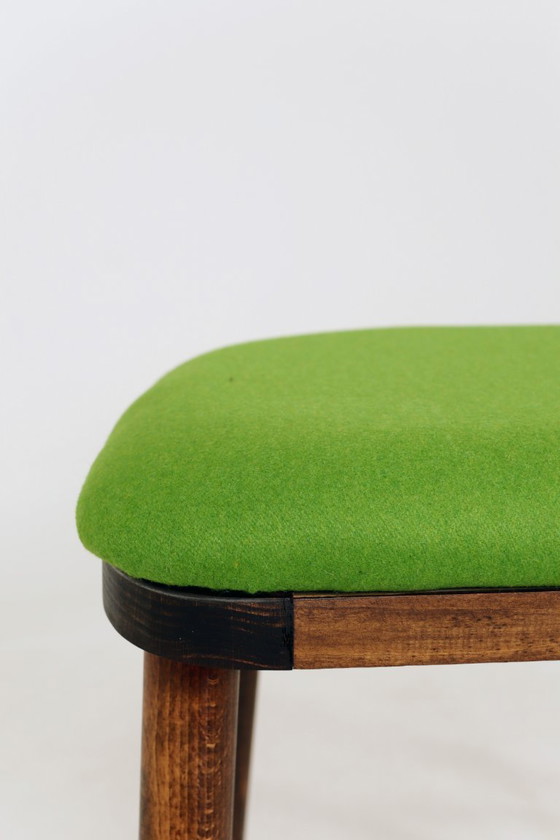 Image 1 of Beech Wood Bar Stools – Green Recycled Wool Upholstery, Rustic Mid-Century Style