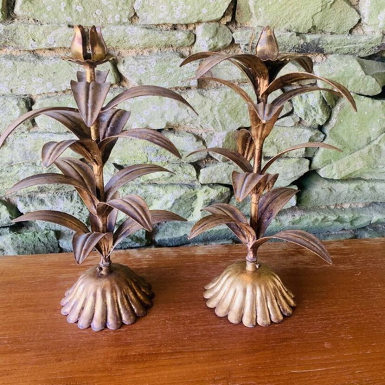 Image 1 of Coppia di candelabri in foglia d'oro degli anni '60