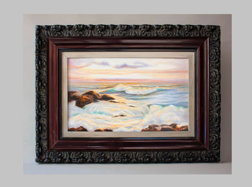 Vintage oil painting of the sea. Seascape in oil. Oil painting of the sea at sunset.