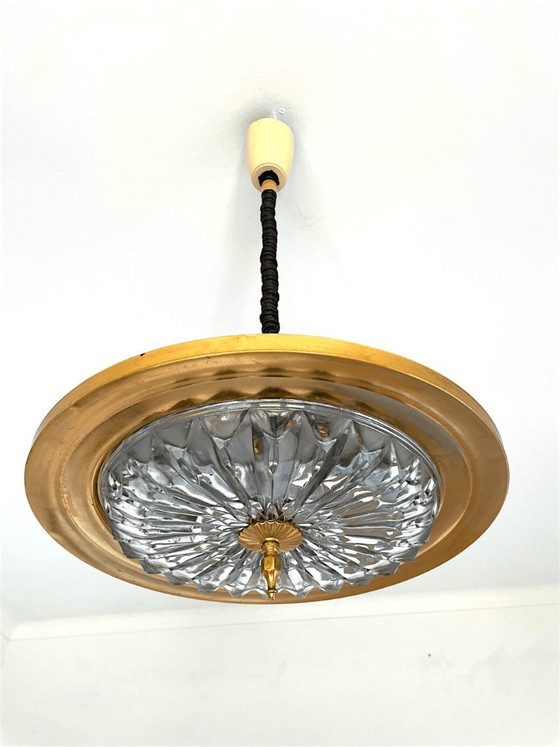 Mid Century Modern Retractable Metal And Pressed Glass Pull Down Pendant Lamp, 1960s-70s (photo 8 of 15)
