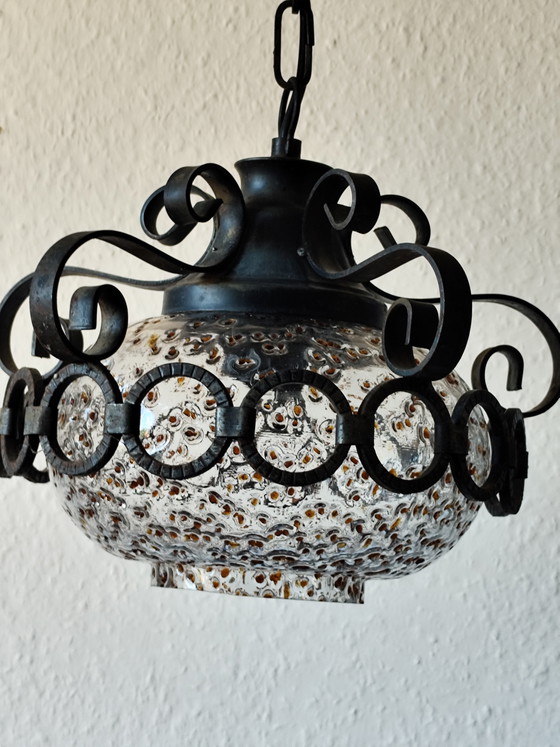 Image 1 of 1960s/70s Brutalist Pendant Lamp – Honsel Lighting – Wrought Iron & Frosted Glass