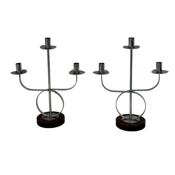 Image 1 of Set of two - Candelabra holding three candles each - Teak wood and chromed metal - ca. 1970’s, Scandinavian