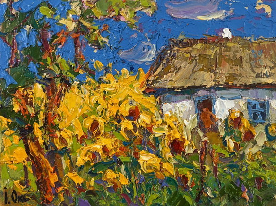 Image 1 of Original Oil Painting Summer Flowers Landscape House and Sunflowers