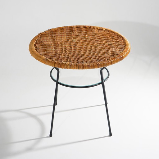 Mesa de centro con tablero redondo de ratán, década de 1950. – salontafels, Glass, Metal (photo 2 of 12)