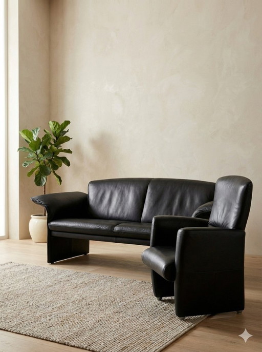 JORI leather suite - sofa + 2 armchairs - genuine leather black, design classic