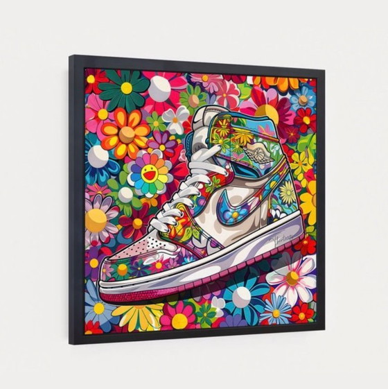 Image 1 of Treize : Nike Jordan par Takashi Murakami. Signé à la main et numéroté 6/10. Cadre en bois inclus. En excellent état.