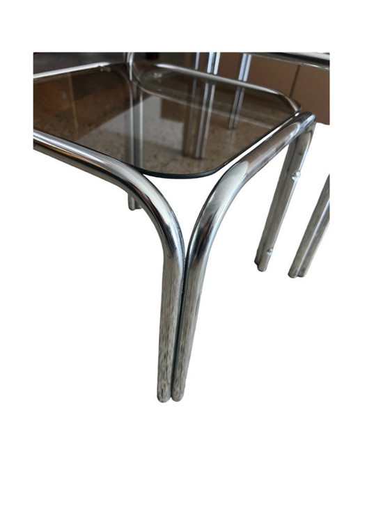 Image 1 of Vintage Chrome Nesting Tables with Smoked Glass | Set of 3 | Space Age Side Tables | 1970s Modernist Design