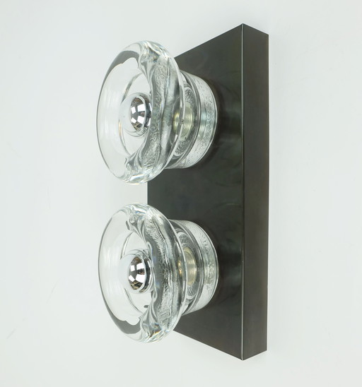 1960s-70s Space Age Sconce by Cosack-Leuchten: 2 Thick Glass Shades and Metal