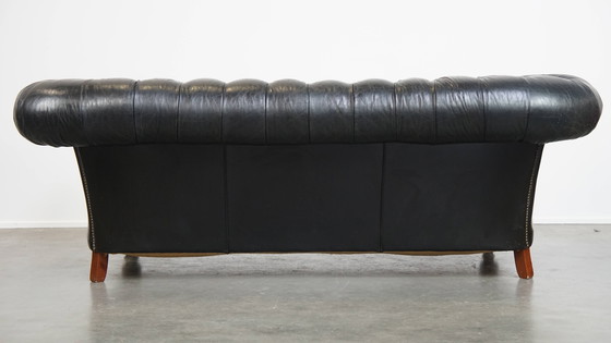 Image 1 of Black Beef Leather Chesterfield 2.5-Seater Sofa in English Style